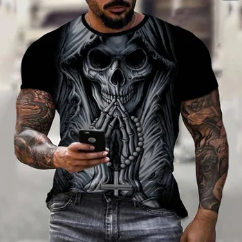 Siaubo Kaukolė Marškinėlius Tatuiruotė 3D Spausdinimo Vasarą Vyrams marškinėliai trumpomis Rankovėmis Asmenybės Siaubo Streetwear O-kaklo Mens Drabužių Viršų