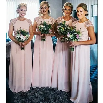 Rožinės spalvos Ilgą Šifono Kuklus Bridesmaid Dresses Su Bžūp Rankovėmis, Elegantiškas Vakare Vestuvės Suknelės-line Grindų Ilgis Užsakymą Ma